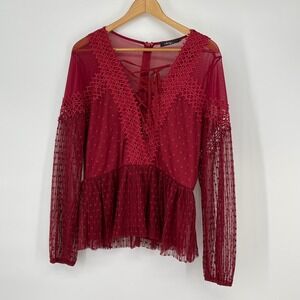 BKE Boutique Burgundy Lace Up Long Sleeve Polka‎ Dot Sheer Top Size L Coquette